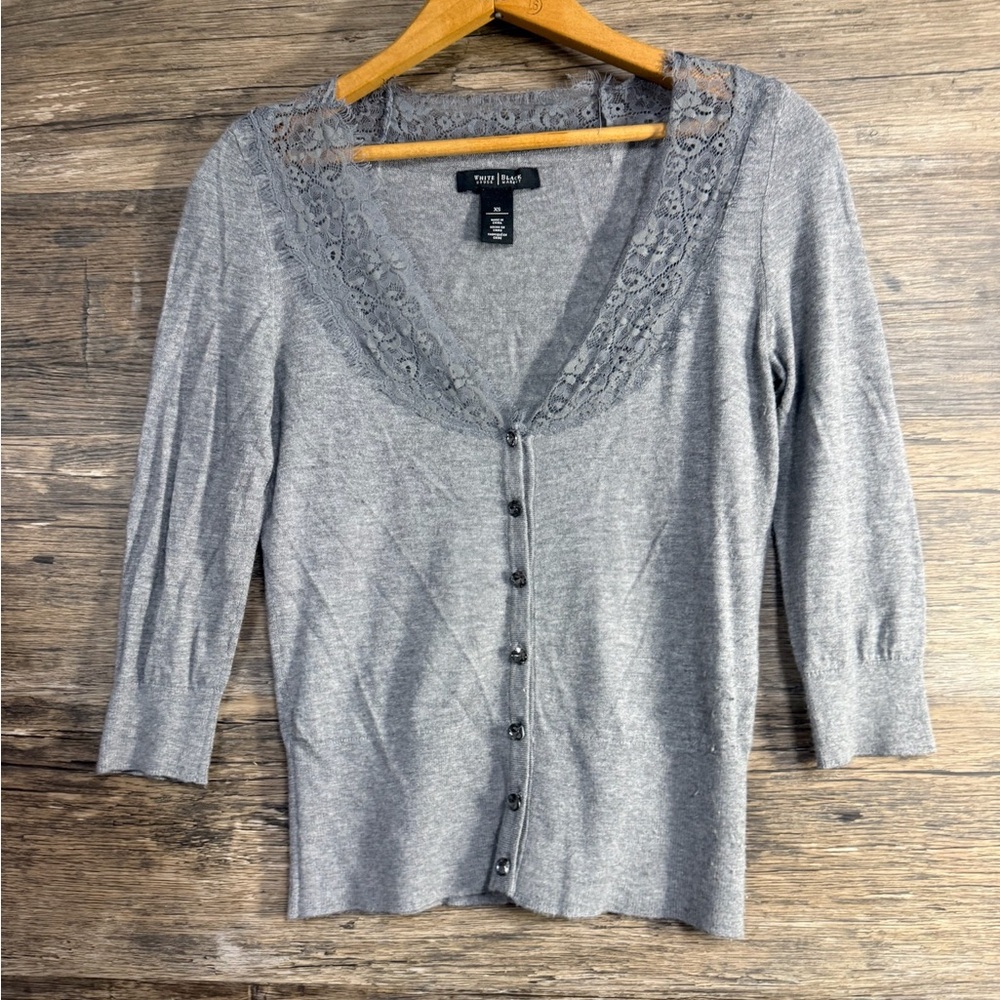 White House Black Market Gray Lace Trim Cardigan‎ Sweater